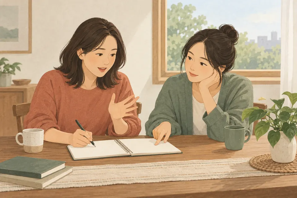 동행인과 함께 방문 전에 물어볼 질문을 정리하는 일러스트